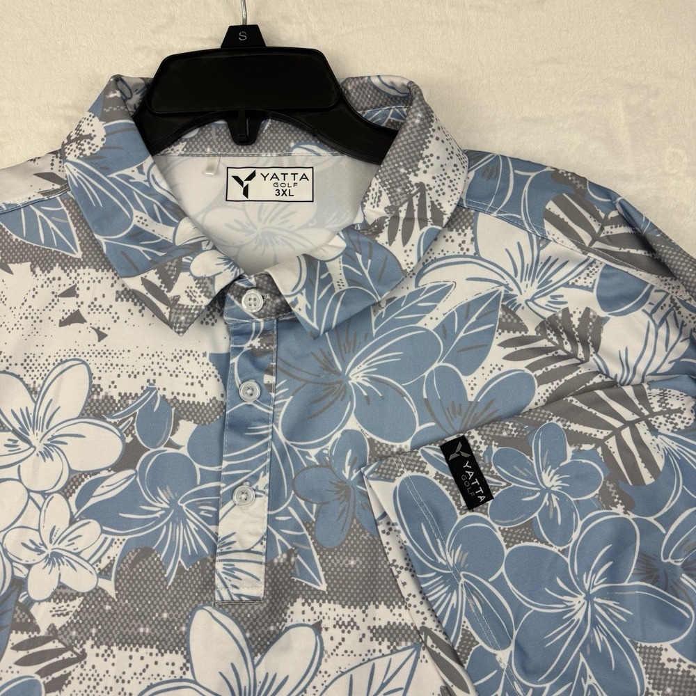 Yatta Golf Mens 3XL Polo Shirt Blue Grey Floral Hibiscus Performance Stretch